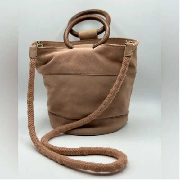 Lucky Brand Rose Colored Suede Leather Crossbody Bucket Bag with Wooden Handles - Picture 1 of 11